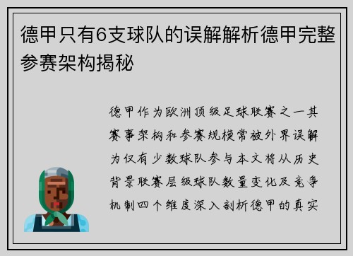 德甲只有6支球队的误解解析德甲完整参赛架构揭秘