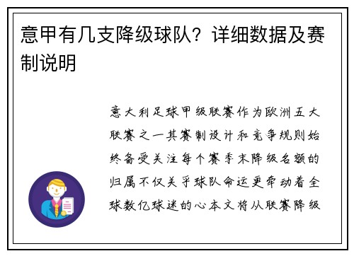 意甲有几支降级球队？详细数据及赛制说明